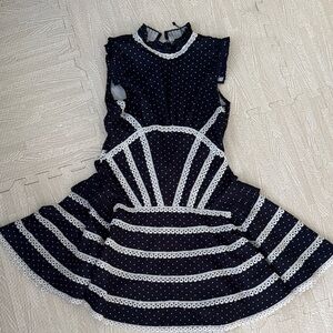 Navy Polka Dot Lace-Trim Mini Dress